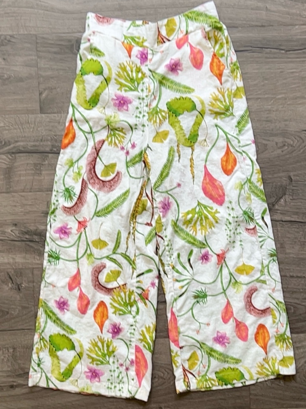 Rachel Zoe White Wide Straight-Leg Pants Linen Blend Botanical Print